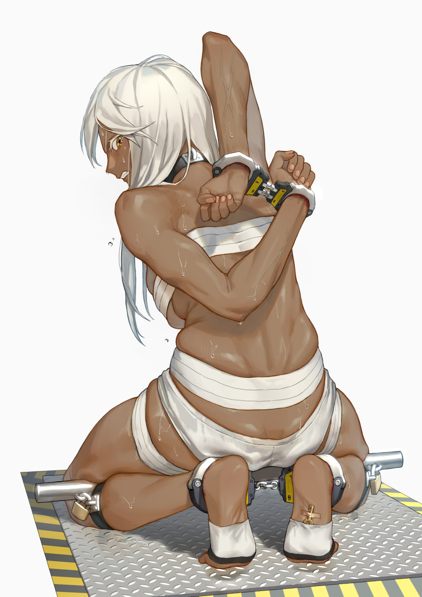 1girl absurdres barefoot bdsm bondage bound chinese_commentary cuffs dark_skin dark-skinned_female feet guangmi guilty_gear guilty_gear_xrd handcuffs highres long_hair looking_at_viewer looking_back no_bra orange_eyes platinum_blonde_hair ramlethal_valentine restrained shackles stationary_restraints tan white_hair