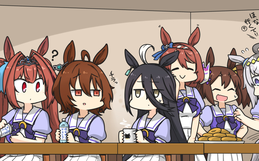 6+girls ? ahoge animal_ears black_hair blue_eyes bottle brown_eyes brown_hair character_request closed_eyes daiwa_scarlet_(umamusume) doughnut dress eyebrows_visible_through_hair food grey_eyes grey_hair hamu_koutarou highres holding horse_ears horse_girl long_sleeves mask mask_on_head multiple_girls oguri_cap_(umamusume) open_mouth puffy_short_sleeves puffy_sleeves red_eyes sailor_collar sailor_dress school_uniform short_sleeves smile tracen_school_uniform umamusume