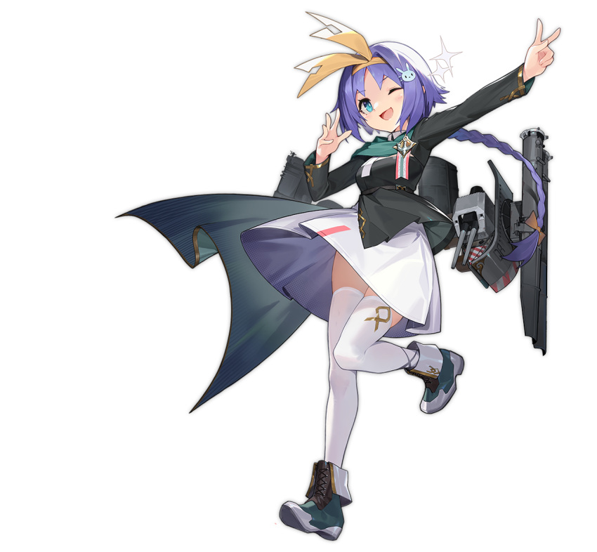 1girl artist_request azur_lane black_jacket blue_eyes braid breasts cape hairband jacket looking_at_viewer medal medium_breasts nicoloso_da_recco_(azur_lane) official_art purple_hair rigging short_hair_with_long_locks skirt solo thigh-highs torpedo_launcher transparent_background white_footwear white_legwear white_skirt yellow_hairband