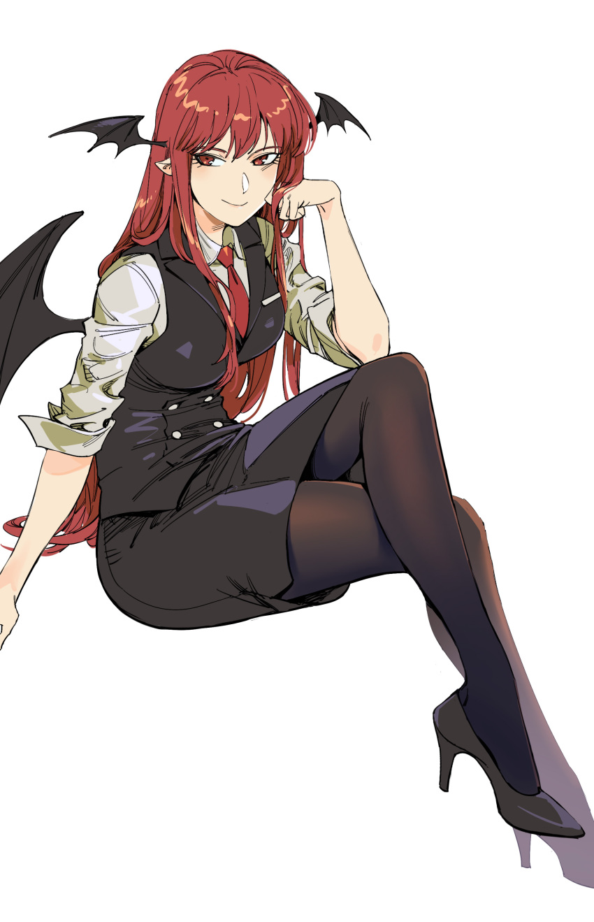 1girl absurdres bat_wings black_legwear black_skirt black_vest closed_mouth collared_shirt hand_up head_wings highres invisible_chair koakuma long_hair looking_to_the_side necktie pantyhose pencil_skirt pointy_ears red_eyes red_neckwear redhead ruukii_drift shirt simple_background sitting skirt smile solo touhou vest white_background white_shirt wing_collar wings