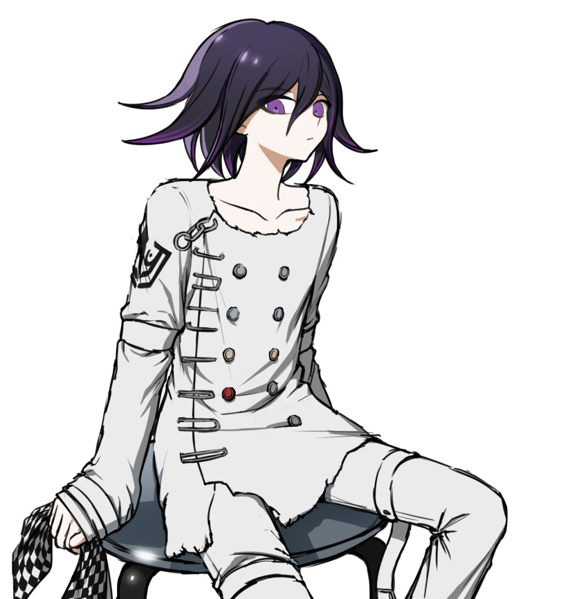 1boy bangs buttons chair checkered checkered_scarf closed_mouth collarbone dangan_ronpa_(series) dangan_ronpa_v3:_killing_harmony double-breasted hair_between_eyes highres jacket long_sleeves looking_at_viewer male_focus no_(xpxz7347) ouma_kokichi pale_skin pants purple_hair scarf scarf_removed short_hair simple_background sitting smile straitjacket violet_eyes white_jacket white_pants