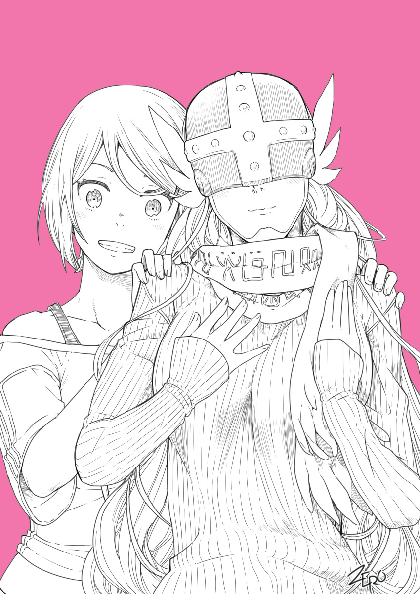 2girls absurdres alternate_costume angewomon artist_name bangs bare_shoulders behind_another bra_strap casual closed_mouth commentary covered_eyes digimon digimon_(creature) digimon_adventure english_commentary facing_viewer fingernails greyscale grin hands_on_another's_shoulders hands_up head_tilt head_wings helmet highres light_blush long_hair long_sleeves looking_at_viewer monochrome multiple_girls off-shoulder_shirt off_shoulder pink_background scarf shirt short_hair simple_background sleeves_past_wrists smile sweater swept_bangs very_long_hair yagami_hikari zero_(muftisaili)