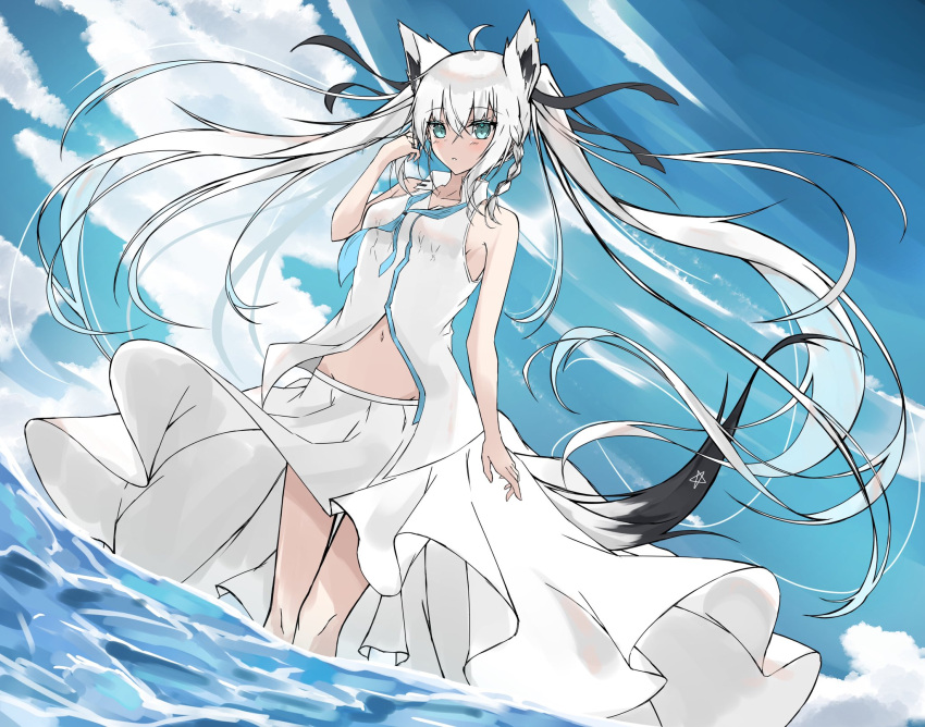 1girl animal_ears arm_up bangs bare_arms black_ribbon blue_neckwear blush braid breasts clouds cloudy_sky commentary_request day dutch_angle earrings eyebrows_visible_through_hair floating_hair fox_ears fox_girl fox_tail frown green_eyes hair_between_eyes hair_ribbon highres hololive jewelry long_hair long_skirt looking_at_viewer midriff navel neckerchief ocean pentagram ribbon shirakami_fubuki shirt sidelocks single_braid skirt skirt_lift sky sleeveless sleeveless_shirt small_breasts solo sumishi_(sumisi_3) tail twintails very_long_hair virtual_youtuber wading white_hair white_shirt white_skirt