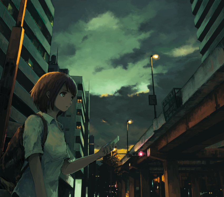 1girl backpack bag brown_hair building collared_shirt glowing holding holding_phone kensight328 original outdoors parted_lips phone shirt short_hair signature solo upper_body