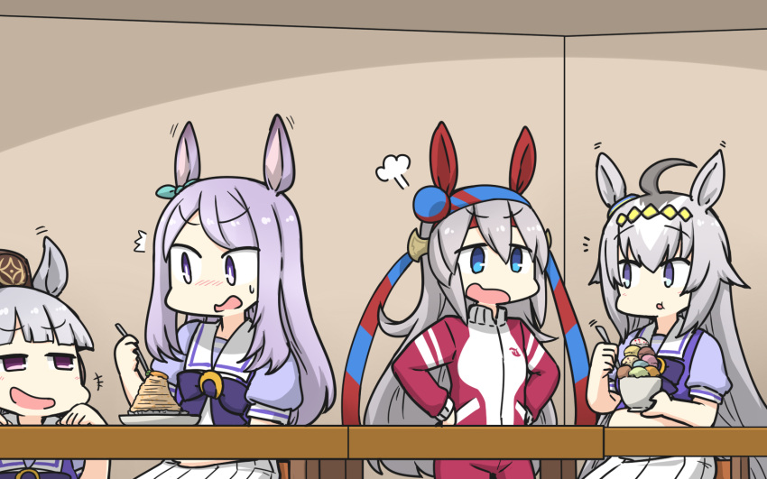 4girls ahoge animal_ears big_belly blue_eyes blush character_request commentary_request dress eating eyebrows_visible_through_hair food full_stomach grey_hair hamu_koutarou highres holding horse_ears horse_girl multiple_girls oguri_cap_(umamusume) open_mouth puffy_short_sleeves puffy_sleeves purple_hair purple_shirt sailor_collar sailor_dress school_uniform shirt short_sleeves skirt tracen_school_uniform umamusume violet_eyes white_skirt