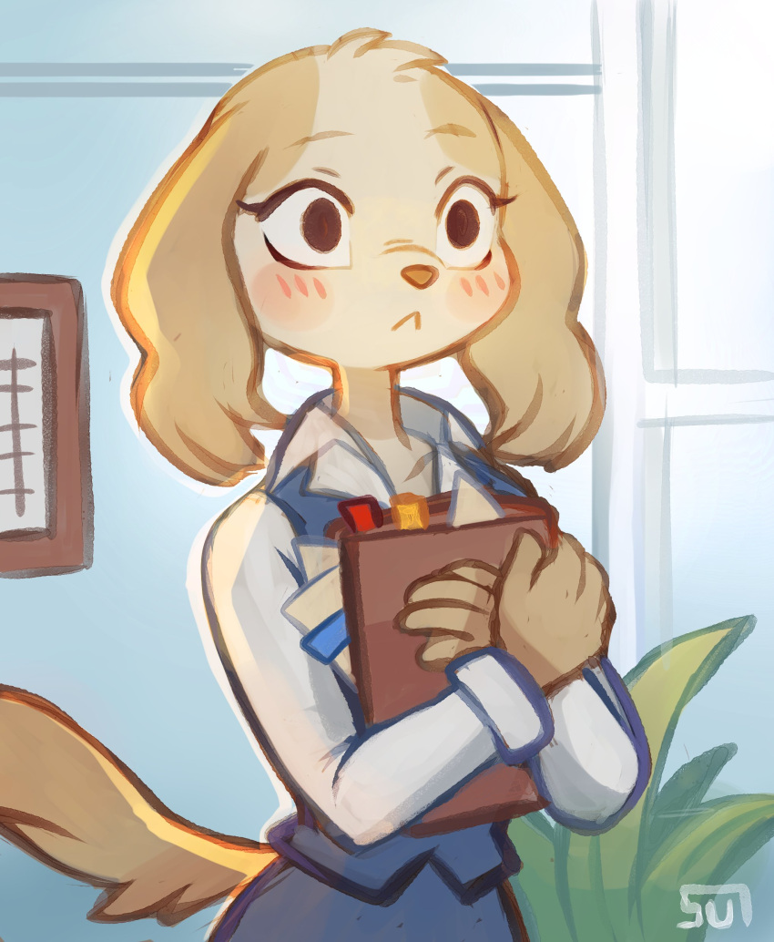 1girl :&lt; absurdres aggressive_retsuko animal_ears animal_nose artist_name blonde_hair blue_background blue_skirt blue_vest blush blush_stickers body_fur book closed_mouth collarbone collared_shirt commentary crossed_arms dog_ears dog_girl dog_tail english_commentary furry highres holding indoors inui_(aggressive_retsuko) long_sleeves looking_ahead office office_lady pencil_skirt plant shirt signature skirt skirt_set solo standing sui_(suizilla) tail upper_body vest white_shirt wide-eyed