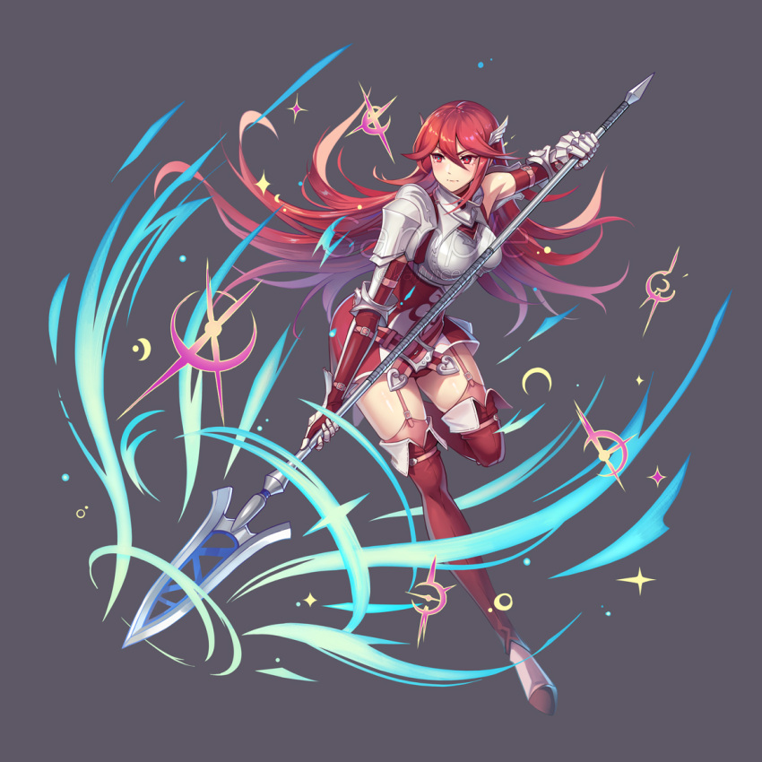 1girl action armor attack bangs boots breastplate breasts cordelia_(fire_emblem) dress elbow_gloves english_commentary eyebrows_visible_through_hair fighting_stance fire_emblem fire_emblem_awakening full_body garter_straps gauntlets gloves grey_background hair_between_eyes hair_ornament hair_spread_out holding holding_weapon kaijuicery large_breasts leaning_forward leg_up long_hair looking_to_the_side polearm red_dress red_eyes red_footwear redhead shiny shiny_hair short_dress shoulder_armor sidelocks solo spear swept_bangs thigh-highs thigh_boots weapon
