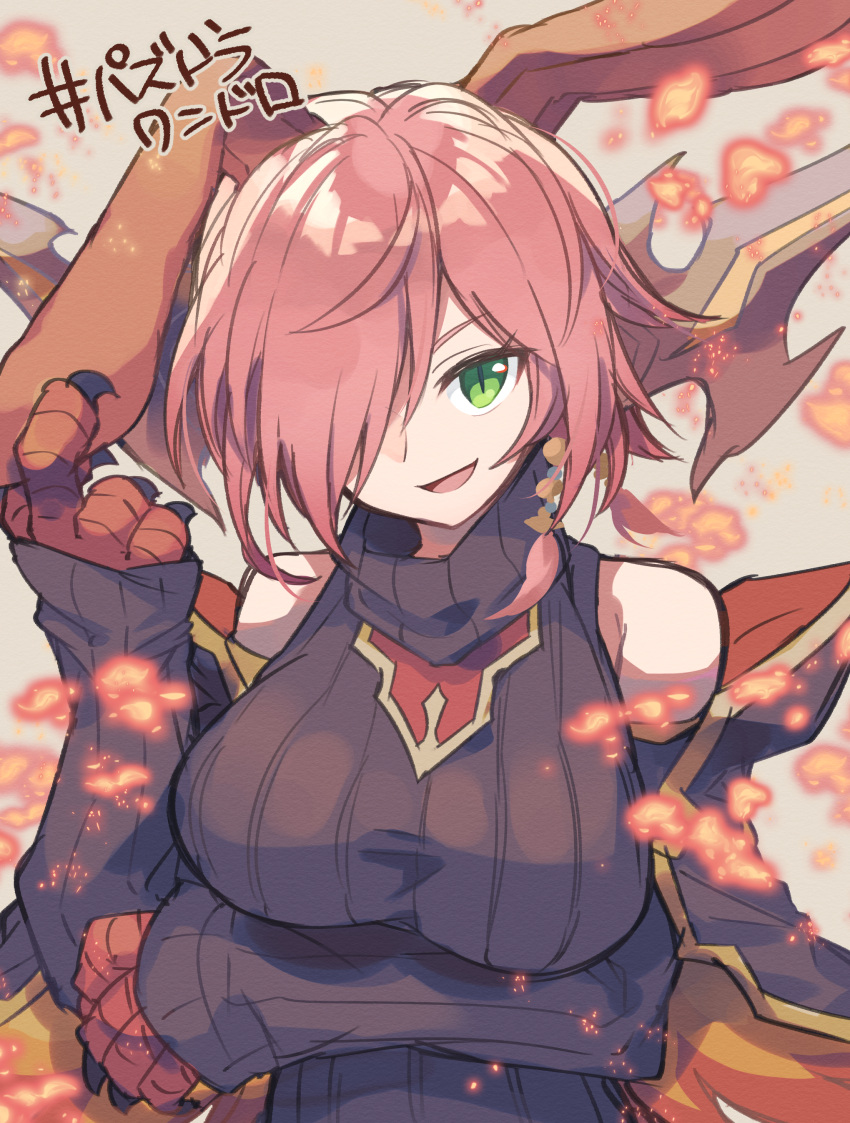 1girl :d absurdres animal_ears bare_shoulders black_sweater breasts character_request claws green_eyes grey_background hair_over_one_eye highres kuuron_(moesann17) large_breasts long_sleeves looking_at_viewer open_mouth pink_hair puzzle_&amp;_dragons ribbed_sweater short_hair simple_background sleeveless sleeveless_sweater sleeveless_turtleneck sleeves_past_wrists smile solo sweater turtleneck turtleneck_sweater upper_body