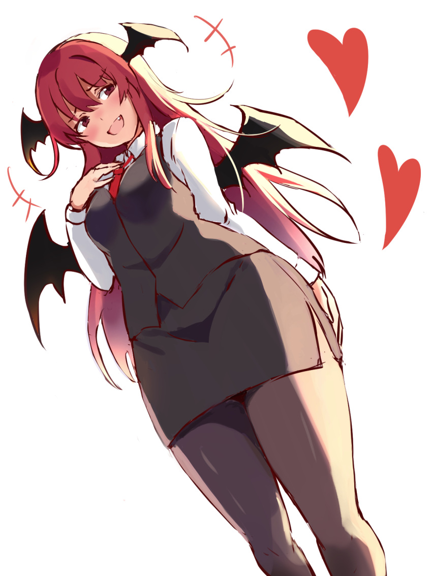 +++ 1girl :d bangs bat_wings black_legwear black_skirt black_vest blush breasts collared_shirt commentary_request dutch_angle eyebrows_visible_through_hair fang feet_out_of_frame from_below hair_between_eyes hand_on_own_chest hand_up head_wings heart highres koakuma long_hair long_sleeves looking_at_viewer medium_breasts nagomian necktie open_mouth pantyhose red_eyes red_neckwear redhead shirt simple_background sketch skirt smile solo standing thighs touhou very_long_hair vest white_background white_shirt wings