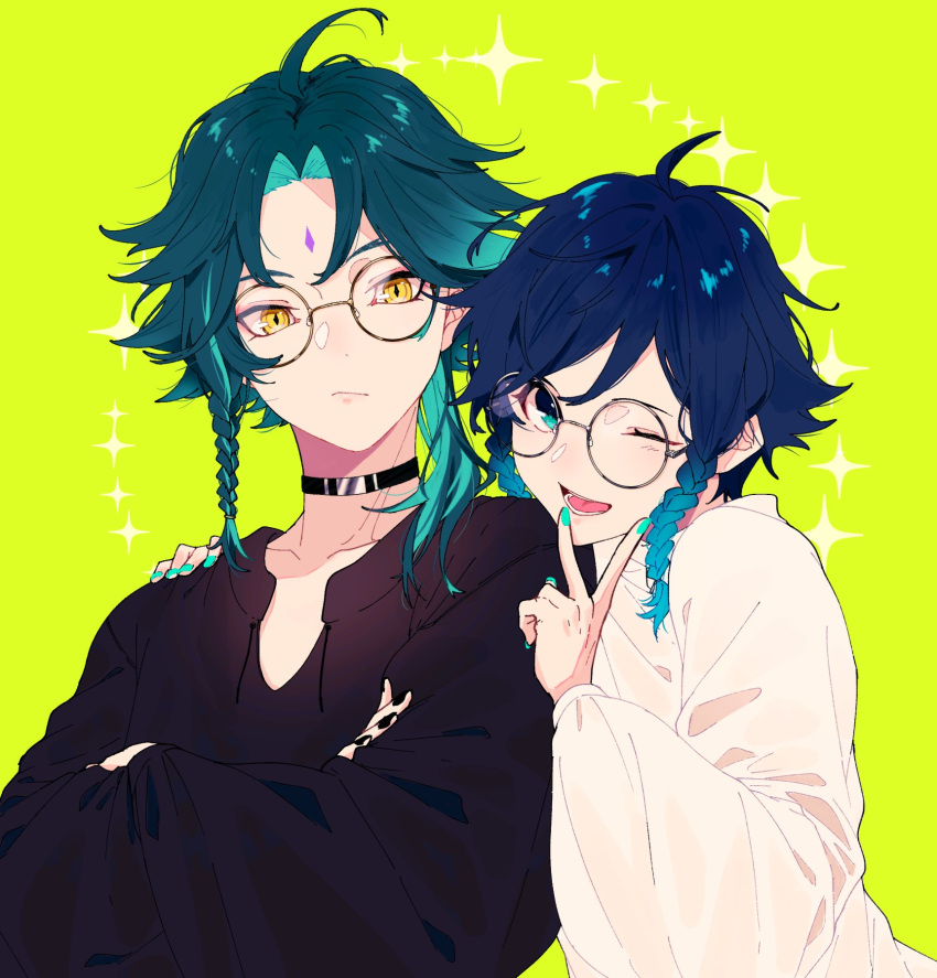 2boys ahoge androgynous bangs black_hair black_nails black_shirt blue_hair braid choker closed_mouth collarbone commentary_request crossed_arms diamond-shaped_pupils diamond_(shape) eyeshadow facial_mark forehead_mark genshin_impact glasses gradient_hair green_eyes green_hair green_nails hand_on_another's_shoulder highres hukahire0313 long_sleeves looking_at_viewer makeup male_focus multicolored_hair multiple_boys nail_polish one_eye_closed open_mouth parted_bangs red_eyeshadow round_eyewear shirt short_hair_with_long_locks simple_background slit_pupils smile sparkle_background symbol-shaped_pupils twin_braids two-tone_hair v venti_(genshin_impact) white_shirt xiao_(genshin_impact) yellow_background yellow_eyes