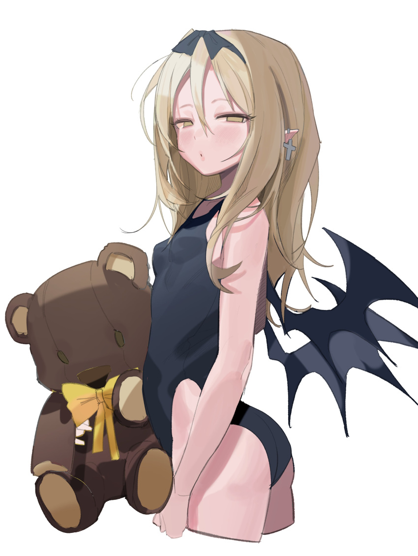 1girl absurdres arched_back ass bare_arms bare_shoulders black_swimsuit bow breasts brown_eyes brown_hair cropped_legs cross cross_earrings demon_wings earrings freng hair_bow half-closed_eyes highleg highleg_swimsuit highres jewelry long_hair looking_at_viewer one-piece_swimsuit original pointy_ears sidelocks simple_background small_breasts solo stuffed_animal stuffed_toy swimsuit teddy_bear white_background wings