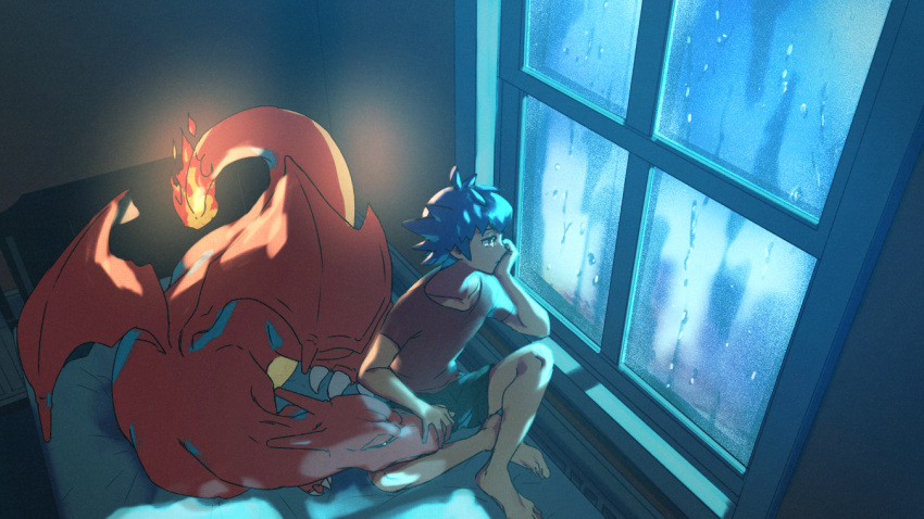 1boy bangs barefoot bed black_shorts charizard claws commentary_request fire gen_1_pokemon indoors leon_(pokemon) looking_out_window male_focus night on_bed pokemon pokemon_(creature) pokemon_(game) pokemon_swsh purple_hair red_shirt shirt short_hair short_sleeves shorts sitting spread_legs suruga_dbh toes water_drop window younger