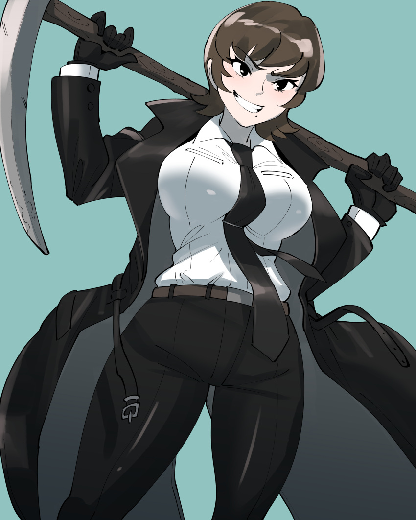 1girl absurdres aqua_background belt between_breasts black_coat black_eyes black_gloves black_neckwear blush breasts brown_belt brown_hair coat eyebrows_visible_through_hair gloves grin highres holding holding_pickaxe large_breasts mafia mole mole_under_mouth moto_toshi necktie necktie_between_breasts original pickaxe short_hair simple_background smile solo teeth