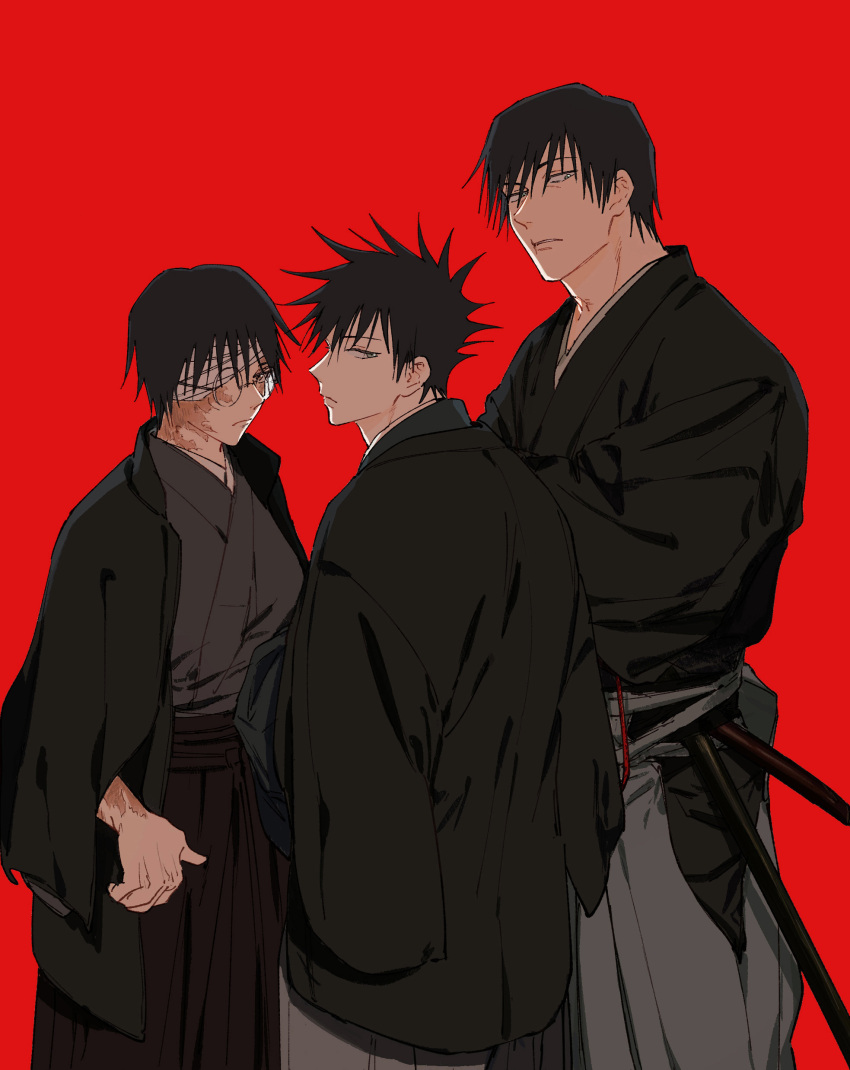 1girl 2boys absurdres bandage_over_one_eye bangs black_eyes black_hair black_kimono burn_scar closed_mouth cowboy_shot father_and_son fushiguro_megumi fushiguro_touji glasses hair_between_eyes hakama highres japanese_clothes jj59u jujutsu_kaisen kimono looking_at_viewer multiple_boys profile red_background scabbard scar sheath short_hair simple_background spiky_hair spoilers standing tsurime wide_sleeves zen'in_maki