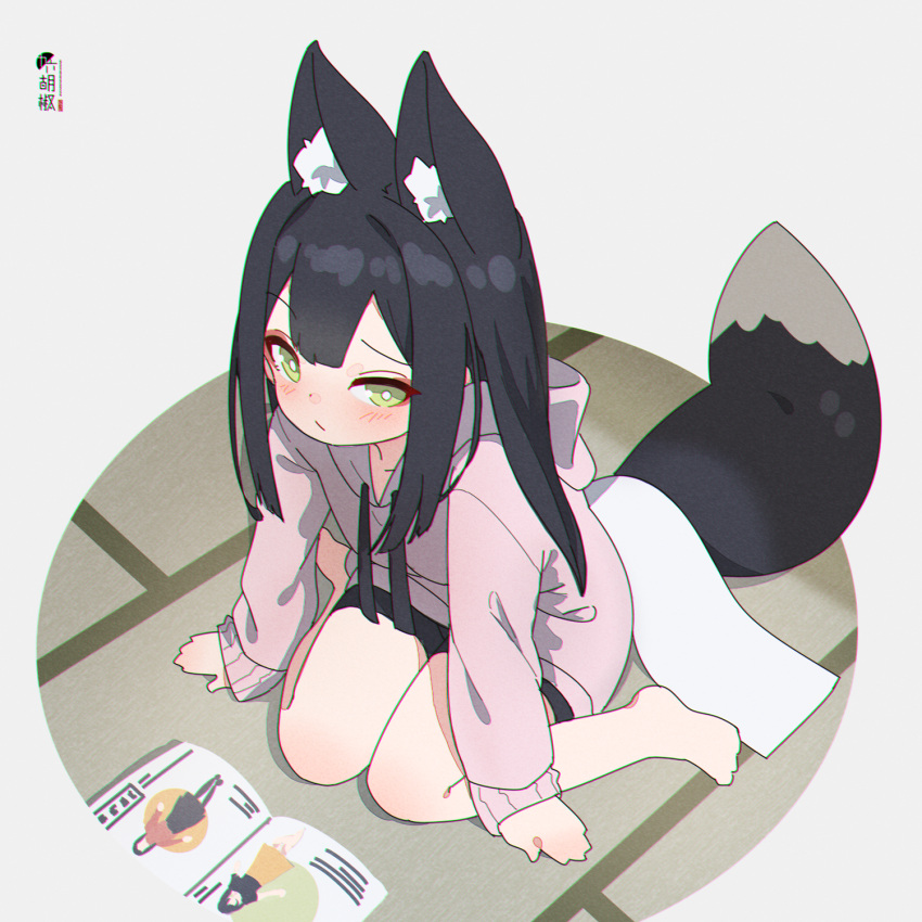 1girl animal_ear_fluff animal_ears barefoot black_hair black_shorts blush closed_mouth commentary_request fox_ears fox_girl fox_tail full_body green_eyes highres hood hood_down hoodie kuro_kosyou long_hair looking_at_viewer magazine on_floor original pink_hoodie short_shorts shorts sitting solo tail tatami wariza yui_(kuro_kosyou)