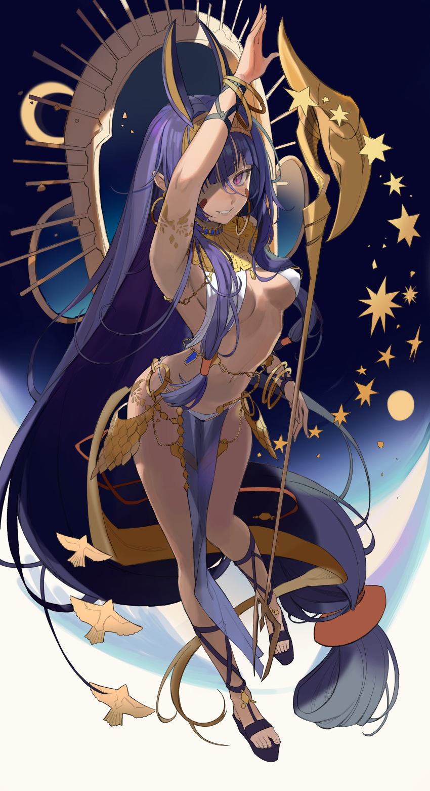 1girl absurdres animal_ears arm_up armpits bangs belly_chain bracelet breasts dark_skin dark-skinned_female earrings facepaint facial_mark fate/grand_order fate_(series) freng full_body hairband halter_top halterneck highres hoop_earrings jackal_ears jewelry long_hair looking_at_viewer low-tied_long_hair mecha_sophie navel nitocris_(fate) pelvic_curtain purple_hair sidelocks small_breasts staff usekh_collar very_long_hair