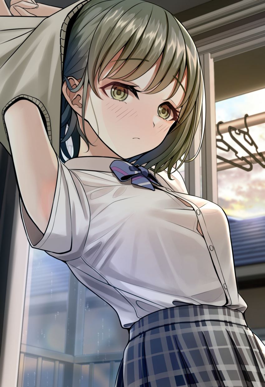 1girl blue_bow blue_neckwear bow bowtie breasts closed_mouth green_eyes green_hair grey_skirt hands_up highres idolmaster idolmaster_shiny_colors looking_at_viewer medium_breasts medium_hair nanakusa_nichika pleated_skirt shirt short_sleeves skirt solo standing turisasu undressing white_shirt