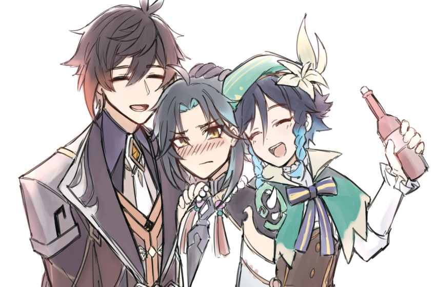 3boys ahoge androgynous armor asymmetrical_clothes bangs bead_necklace beads beret black_gloves black_hair blue_hair blush bottle bow braid brown_hair cape closed_eyes closed_mouth collared_cape collared_shirt corset detached_sleeves diamond-shaped_pupils diamond_(shape) eichi_kun english_commentary eyebrows_visible_through_hair eyeshadow flower formal frilled_sleeves frills genshin_impact gloves gradient_hair green_hair green_headwear hair_between_eyes hair_flower hair_ornament hand_on_another's_shoulder hat highres holding holding_bottle jacket jewelry leaf long_hair long_sleeves looking_at_viewer makeup male_focus multicolored_hair multiple_boys necklace necktie open_mouth orange_hair parted_bangs pendant petting red_eyeshadow shirt short_hair_with_long_locks shoulder_armor shoulder_pads shoulder_spikes sidelocks simple_background single_bare_shoulder single_detached_sleeve slit_pupils smile spikes suit symbol-shaped_pupils tassel tongue twin_braids two-tone_hair venti_(genshin_impact) white_background white_flower white_shirt xiao_(genshin_impact) yellow_eyes zhongli_(genshin_impact)