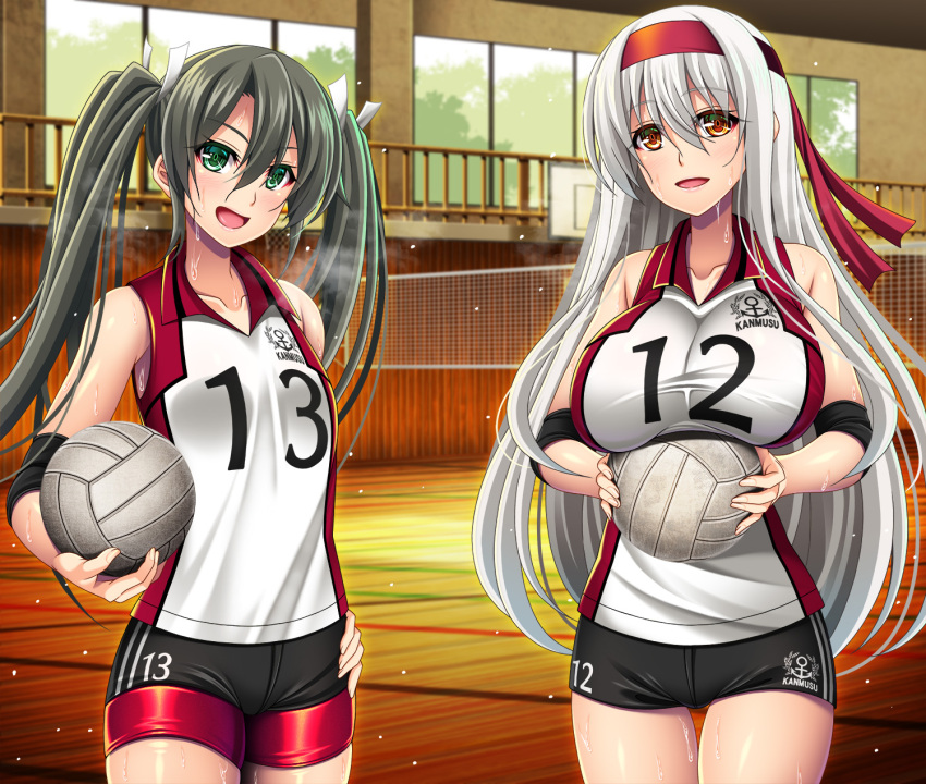 2girls alternate_costume basketball_hoop black_shorts breasts brown_eyes commentary_request cowboy_shot green_eyes green_hair headband highres indoors kantai_collection large_breasts long_hair looking_at_viewer mirisha multiple_girls railing red_headband red_shorts shirt short_shorts shorts shorts_under_shorts shoukaku_(kancolle) sleeveless sleeveless_shirt sportswear sweat twintails volleyball volleyball_uniform white_hair window wooden_floor zuikaku_(kancolle)