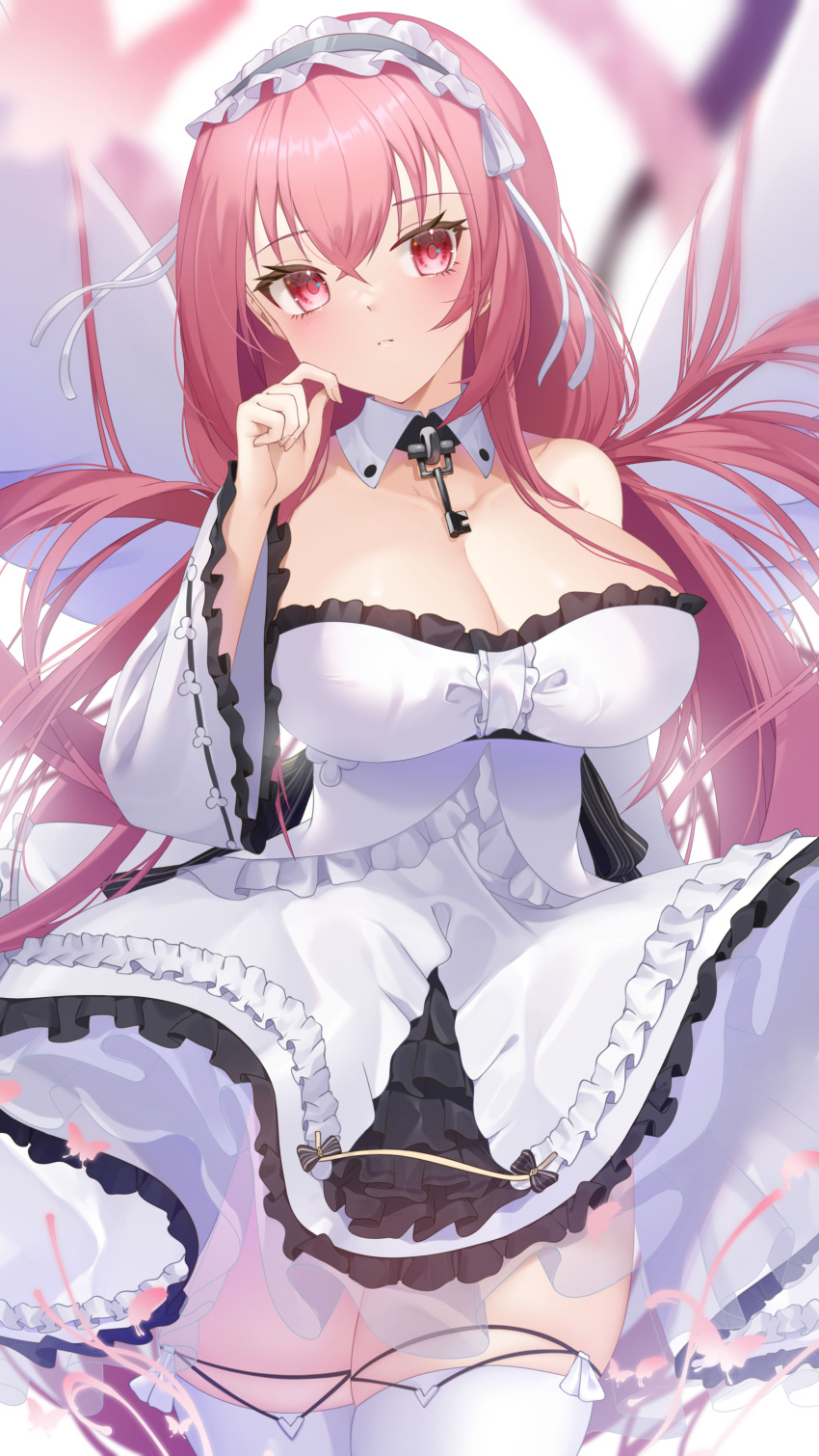 1girl absurdres azur_lane blush breasts dress eyebrows_visible_through_hair frilled_dress frilled_sleeves frills highres key_necklace large_breasts long_hair looking_at_viewer perseus_(azur_lane) pink_eyes pink_hair seele0907 solo strapless strapless_dress thigh-highs twintails two-tone_dress very_long_hair white_dress white_legwear wide_sleeves