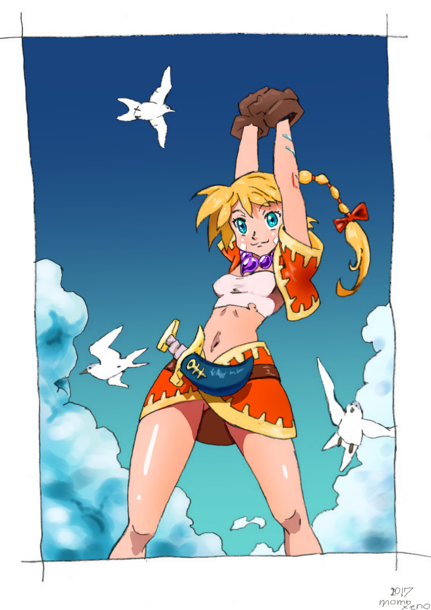 1girl bandages bird blonde_hair blue_eyes breasts chrono_cross closed_mouth clouds facial_mark gloves high_ponytail highres jewelry kid_(chrono_cross) long_hair midriff momomoxeno multi-tied_hair navel necklace ponytail skirt smile solo vest