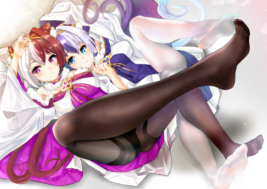 2girls azur_lane black_legwear black_panties blue_eyes chao_ho_(azur_lane) dress eyebrows_visible_through_hair feet full_body gold_hairband hair_cones kukoi legs looking_at_viewer multiple_girls panties panties_under_pantyhose pantyhose print_sleeves soles thigh-highs underwear violet_eyes white_legwear ying_swei_(azur_lane)