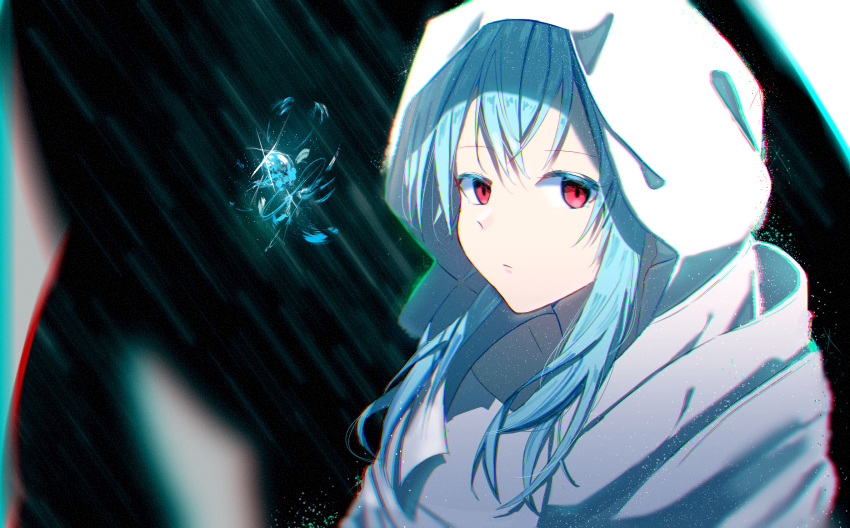 1other androgynous bangs blue_hair blurry blurry_foreground chromatic_aberration cloak closed_mouth eyebrows_visible_through_hair floating floating_object hair_between_eyes highres hood hood_up hooded_cloak long_hair looking_at_viewer red_eyes rimuru_tempest ryuusei_(kk22922332) simple_background slit_pupils solo tensei_shitara_slime_datta_ken white_cloak