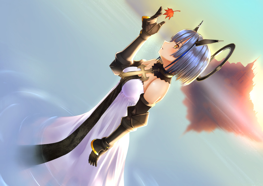 1girl autumn_leaves azur_lane bare_shoulders black_dress blue_hair breasts cross cross_necklace detached_collar dress dutch_angle gascogne_(azur_lane) gauntlets headgear highres jewelry mechanical_halo medium_breasts multicolored_hair necklace outdoors short_hair sleeveless sleeveless_dress solo strapless strapless_dress streaked_hair tks_(526tks) two-tone_dress wading water white_dress yellow_eyes