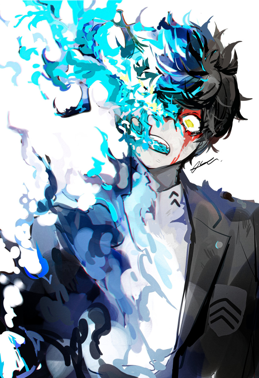 1boy absurdres amamiya_ren bangs black_hair black_jacket blood blood_on_face blue_fire btmr_game fire highres jacket male_focus open_mouth persona persona_5 school_uniform shuujin_academy_uniform signature simple_background solo upper_body white_background yellow_eyes