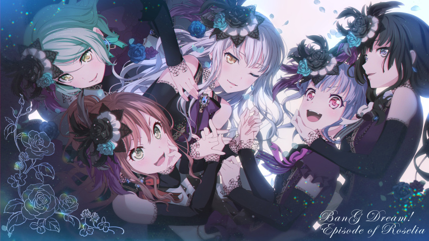 5girls :d ;) absurdres bang_dream! bangs black_gloves black_hair blue_eyes blue_hair blush brown_hair copyright_name dress earrings elbow_gloves elbow_rest eyebrows_behind_hair eyebrows_visible_through_hair fang flower frilled_sleeves frills from_above gloves gothic_lolita green_eyes green_hair grey_hair hair_flower hair_ornament hand_on_another's_cheek hand_on_another's_chin hand_on_another's_face hand_on_another's_shoulder head_rest highres hikawa_sayo holding_hands imai_lisa interlocked_fingers jewelry lace-trimmed_gloves lace_trim lolita_fashion long_hair looking_at_viewer lying minato_yukina mochipuyo multiple_girls neck_ribbon official_art on_back on_side one_eye_closed open_mouth orange_eyes petals ponytail puffy_short_sleeves puffy_sleeves purple_dress purple_ribbon red_ribbon ribbon rose roselia_(bang_dream!) shirokane_rinko short_sleeves sidelocks silver_hair sleeveless smile teeth udagawa_ako upper_body upper_teeth violet_eyes