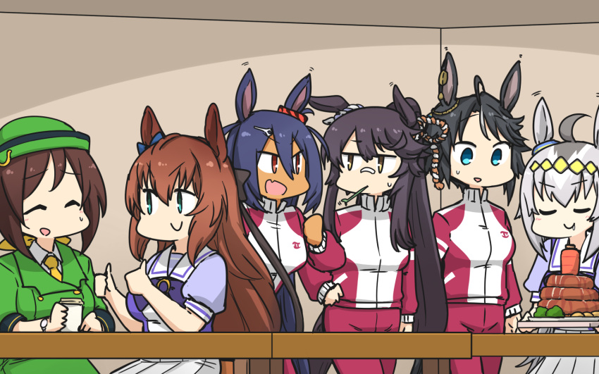 6+girls ahoge animal_ears blue_eyes blue_hair brown_eyes brown_hair carrot character_request closed_eyes cosplay dark_skin dark-skinned_female dress drooling ear_ribbon eating eyebrows_visible_through_hair food fuji_kiseki_(umamusume) green_headwear grey_hair hamu_koutarou hat hayakawa_tazuna highres hishi_amazon_(umamusume) holding horse_ears horse_girl maruzensky_(umamusume) multiple_girls narita_brian_(umamusume) necktie oguri_cap_(umamusume) open_mouth puffy_short_sleeves puffy_sleeves purple_shirt sailor_collar sailor_dress school_uniform shirt short_sleeves skirt smile table thumbs_up tracen_school_uniform umamusume white_skirt yellow_neckwear