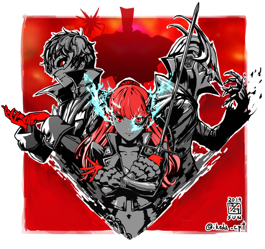 1girl 2boys adjusting_clothes adjusting_gloves akechi_gorou amamiya_ren arms_up bangs black_coat black_hair blue_fire cape clawed_gauntlets coat collar_up collared_coat crossed_arms dated fire frilled_sleeves frills from_side gauntlets gloves gradient gradient_hair hand_up handkerchief hands_up helmet high_ponytail holding holding_weapon horned_mask horns ikeda_(cpt) leotard long_hair long_sleeves mask masquerade_mask multicolored_hair multiple_boys persona persona_5 persona_5_the_royal ponytail rapier red_background red_eyes red_gloves redhead silhouette simple_background smile striped swept_bangs sword torn_clothes trench_coat weapon yoshizawa_kasumi