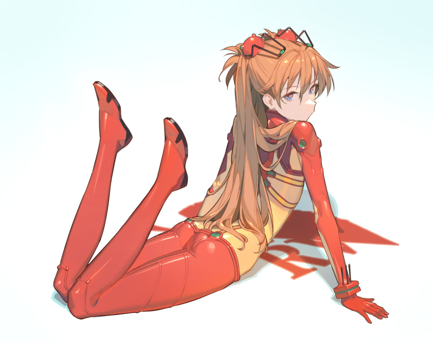 1girl arm_support bangs blue_background blue_eyes bodysuit english_commentary eyebrows_visible_through_hair full_body gradient gradient_background hks_(timbougami) legs legs_up logo long_hair looking_at_viewer looking_back lying multicolored multicolored_bodysuit multicolored_clothes neon_genesis_evangelion nerv on_stomach orange_bodysuit orange_hair plugsuit red_bodysuit shadow shiny shiny_clothes shiny_hair sidelocks souryuu_asuka_langley