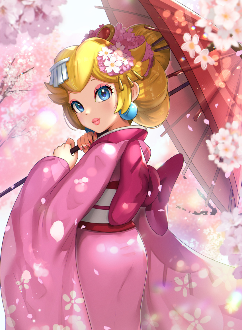 1girl blonde_hair blue_eyes cherry_blossoms earrings gonzarez highres japanese_clothes jewelry kimono looking_at_viewer super_mario_bros. pink_kimono princess_peach smile umbrella