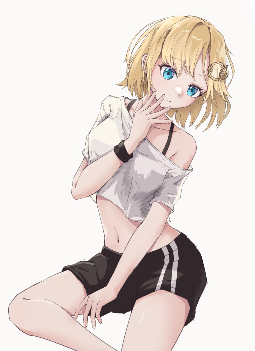 1girl bare_shoulders blue_eyes breasts casual collarbone eyebrows_visible_through_hair hair_ornament hairclip highres hololive hololive_english holomyth looking_at_viewer medium_breasts monocle_hair_ornament navel shironekokfp shirt short_hair shorts simple_background smile solo t-shirt underwear virtual_youtuber watson_amelia white_background