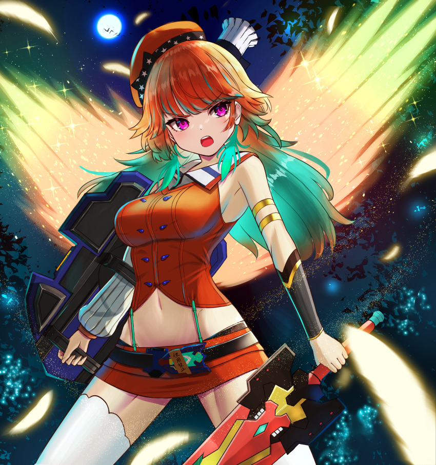 1girl absurdres aqua_hair asymmetrical_sleeves beret breasts chef_hat commentary_request detached_sleeves dual_wielding feathers fiery_wings full_moon hat highres holding holding_shield holding_sword holding_weapon hololive hololive_english inari_(ambercrown) long_sleeves looking_at_viewer medium_breasts midriff moon multicolored_hair navel night open_mouth orange_hair orange_headwear orange_shirt orange_skirt puffy_long_sleeves puffy_sleeves shield shirt skirt sleeveless sleeveless_shirt solo stomach sword takanashi_kiara thigh-highs two-tone_hair violet_eyes virtual_youtuber weapon white_headwear white_legwear wings