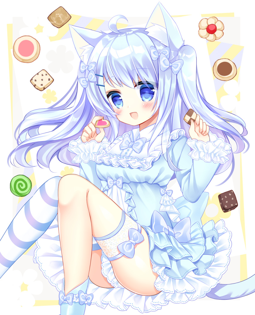 1girl :d ahoge animal_ear_fluff animal_ears bangs blue_bow blue_dress blue_eyes blue_hair blush bow breasts cat_ears cat_girl cat_tail checkerboard_cookie commentary_request cookie dress eyebrows_visible_through_hair feet_out_of_frame food frilled_dress frills hair_between_eyes hair_bow hair_ornament hairclip highres holding holding_food knees_together_feet_apart knees_up long_hair long_sleeves looking_at_viewer open_mouth original shikito single_thighhigh small_breasts smile solo striped striped_legwear tail thigh-highs thumbprint_cookie twintails two_side_up very_long_hair
