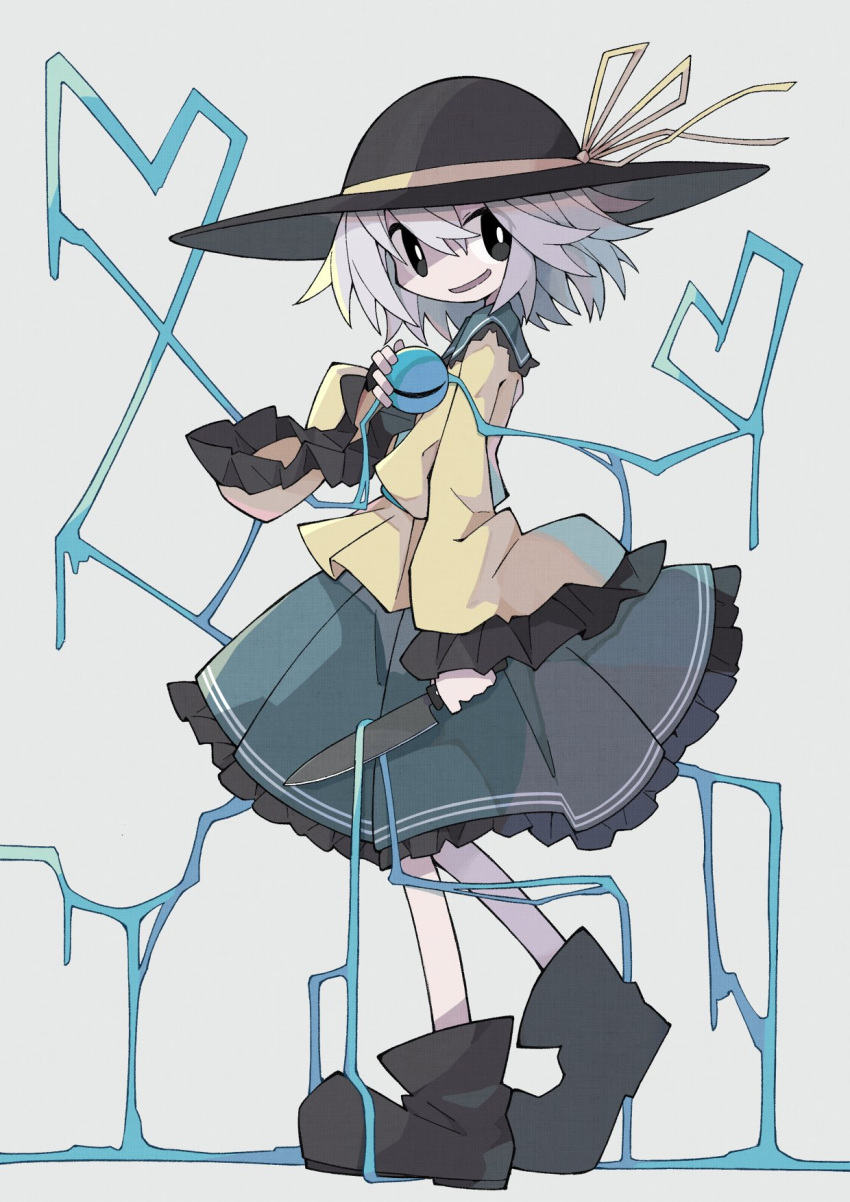 1girl asameshi black_eyes black_footwear black_headwear boots bright_pupils frilled_skirt frilled_sleeves frills from_side full_body green_skirt grey_background hand_up hat hat_ribbon heart heart_of_string highres holding holding_knife knife komeiji_koishi long_sleeves looking_at_viewer open_mouth ribbon shirt short_hair simple_background skirt smile solo third_eye touhou white_pupils wide_sleeves yellow_ribbon yellow_shirt