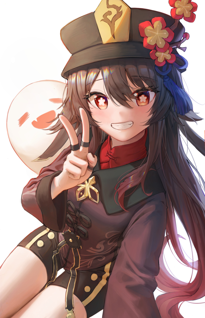 1girl bangs black_headwear black_shorts blush brown_hair brown_nails brown_shirt chinese_clothes commentary cowboy_shot eyebrows_visible_through_hair fingernails flower flower-shaped_pupils genshin_impact ghost gradient_hair grin hair_between_eyes hat hat_flower highres hu_tao jewelry long_hair long_sleeves looking_at_viewer multicolored_hair multiple_rings nail_polish red_eyes red_flower red_shirt redhead ring ritae selfie shirt short_shorts shorts smile solo tassel thumb_ring undershirt v very_long_hair white_background