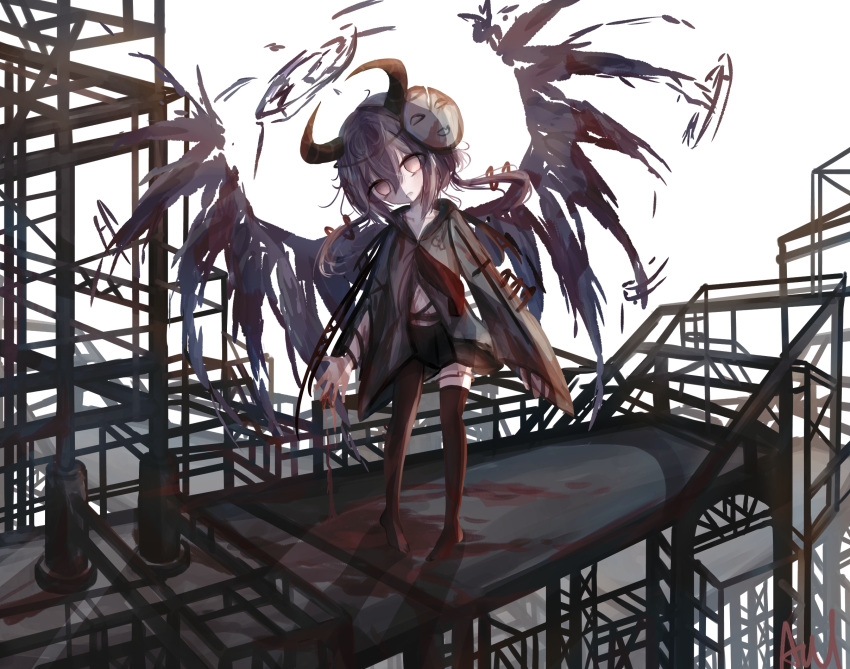 1girl aiu_. bangs black_skirt blood blood_on_hands demon demon_girl empty_eyes hair_between_eyes halo head_tilt highres horns jacket long_hair looking_at_viewer mask mask_on_head miniskirt necktie no_nose no_shoes original outdoors red_necktie shinigami skirt solo standing thigh-highs twintails wings