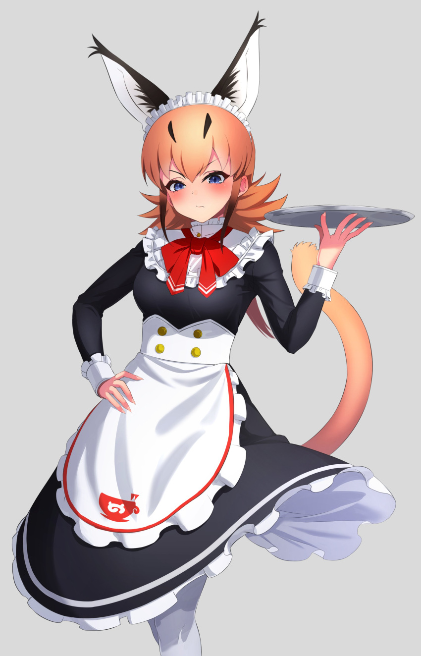 1girl absurdres alternate_costume apron black_dress blue_eyes blush bow bowtie caracal_(kemono_friends) caracal_ears caracal_girl caracal_tail coat collar cowboy_shot deku_suke dress enmaided extra_ears eyebrows_visible_through_hair frilled_collar frilled_cuffs frills hand_on_hip highres kemono_friends kemono_friends_3 light_brown_hair long_dress long_hair long_sleeves looking_at_viewer maid maid_apron maid_headdress official_alternate_costume pantyhose red_neckwear solo tail tray white_coat white_legwear