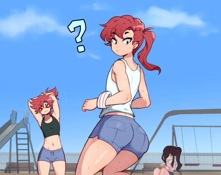 3boys arms_up ass bench black_hair black_tank_top blue_shorts blue_sky clouds cloudy_sky cowboy_shot crop_top ear_piercing highres ichiro_(ms_pigtails) itsuki_(ms_pigtails) long_hair male_focus ms_pigtails multiple_boys navel original otoko_no_ko outdoors piercing playground ponytail redhead roland_(ms_pigtails) shorts sky slide solo_focus swing_set tank_top white_tank_top