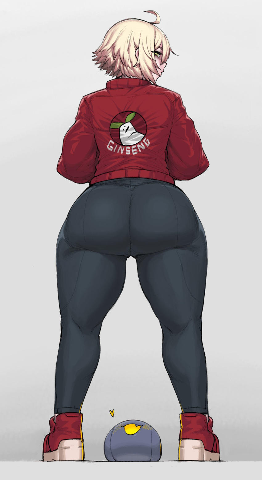 1girl absurdres ass blonde_hair borrowed_character chris_(babo) commentary from_behind grey_background highres jacket krekk0v looking_at_viewer looking_back original red_jacket shoes short_hair simple_background sneakers thick_thighs thighs