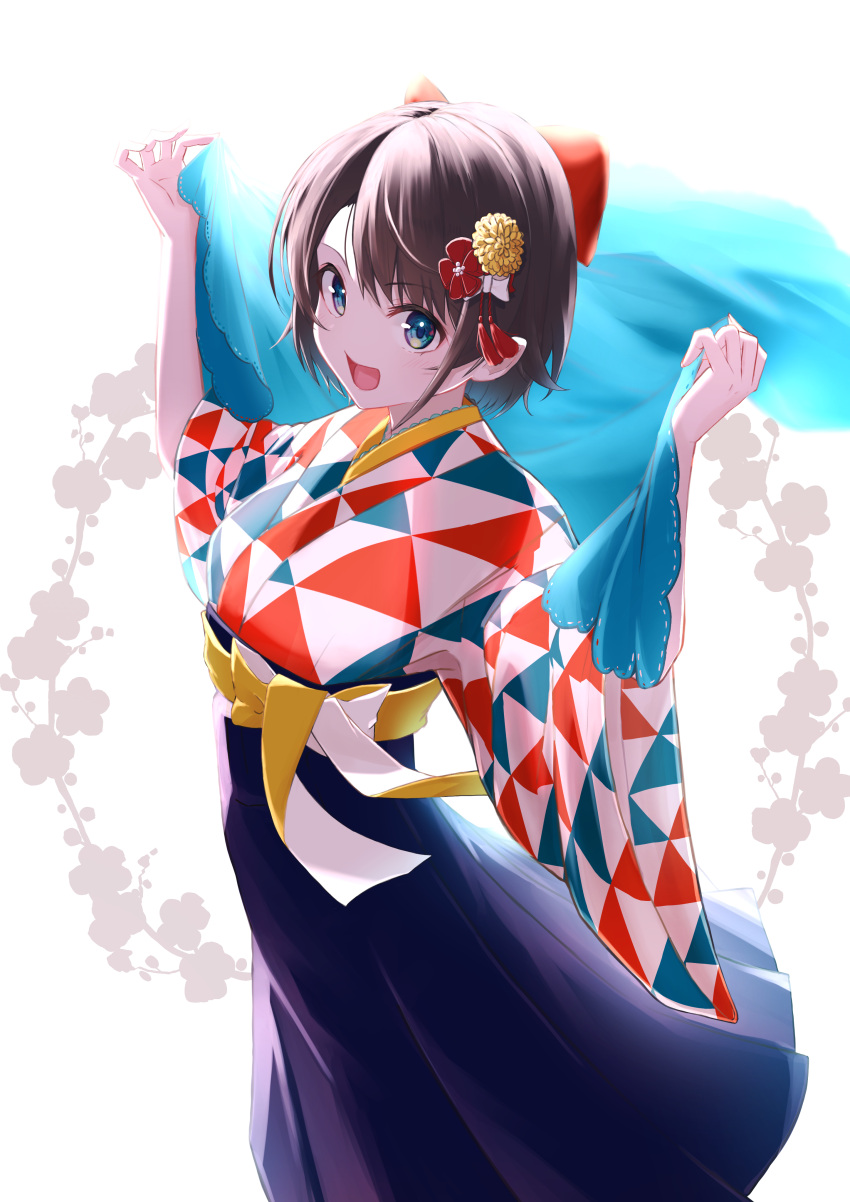 1girl :d absurdres bangs black_hair blue_eyes bow commentary_request eyebrows_visible_through_hair hair_bow hair_ornament highres hololive japanese_clothes kimono looking_at_viewer mikaku multicolored multicolored_clothes multicolored_kimono oozora_subaru open_mouth parted_bangs red_bow short_hair smile solo white_background wide_sleeves
