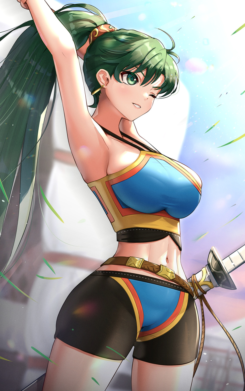 1girl ;d adapted_costume armpits arms_up belt bike_shorts blush breasts commentary_request cowboy_shot earrings fire_emblem fire_emblem:_the_blazing_blade gonzarez green_eyes green_hair high_ponytail highres jewelry large_breasts lyn_(fire_emblem) navel one_eye_closed open_mouth parted_lips sheath sheathed smile solo sports_bra stomach sword toned weapon