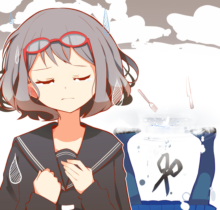 1girl absurdres black_collar black_shirt closed_eyes collar collared_shirt commentary crying eyewear_on_head fork frown grey_hair gumi hands_on_own_chest hands_up highres jar knife pachio_(patioglass) red-framed_eyewear sailor_collar school_uniform scissors serafuku shirt short_hair solo splashing tears upper_body vocaloid water_drop yowamushi_mont-blanc_(vocaloid)