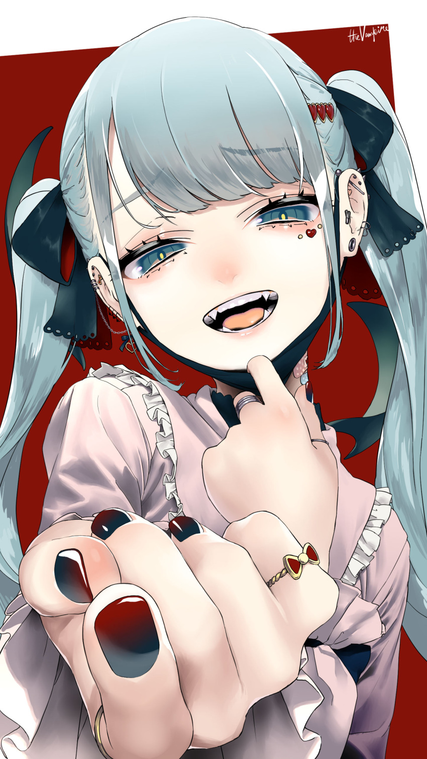 1girl absurdres aqua_eyes aqua_hair bandaid bandaid_on_neck black_nails black_ribbon commentary earrings facial_mark fangs foreshortening framed frilled_shirt frills furrowed_eyebrows hair_ornament hair_ribbon half-closed_eyes hands hatsune_miku head_tilt heart heart_hair_ornament highres jewelry long_hair long_sleeves looking_at_viewer mask mask_pull mask_removed mouth_mask nail_polish open_mouth pink_shirt red_background ribbon ring rsk_(tbhono) shirt signature smile solo symbol_commentary twintails upper_body vampire_(vocaloid) vocaloid