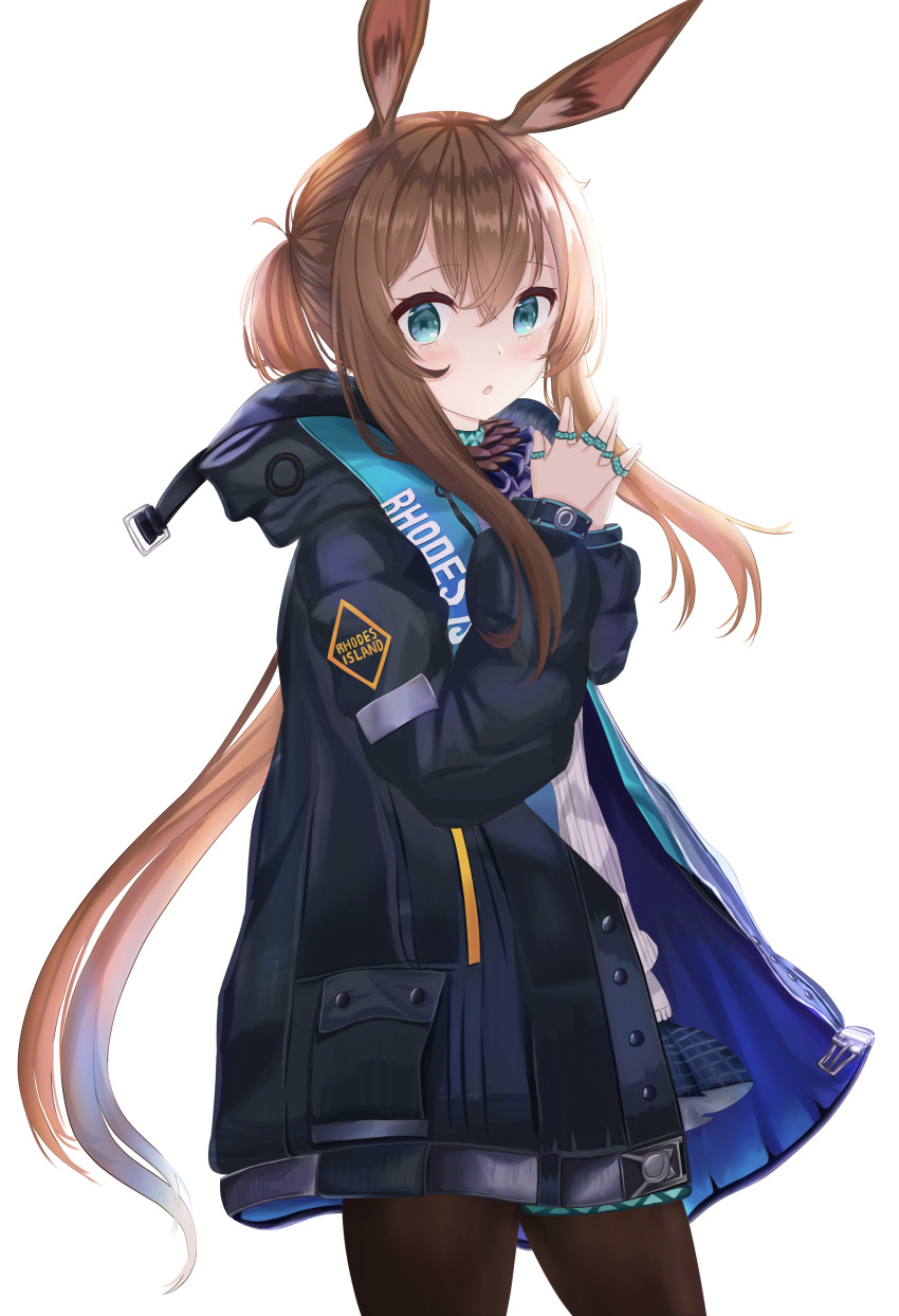 1girl absurdres amiya_(arknights) animal_ears arknights bangs black_jacket black_legwear cowboy_shot eyebrows_visible_through_hair hair_between_eyes hands_together hands_up highres hood jacket jewelry long_hair long_sleeves looking_at_viewer looking_to_the_side messy_hair open_clothes open_jacket orange_hair pantyhose parted_lips ponytail rabbit_ears red_eyes ring sidelocks solo standing tallon white_background wristband
