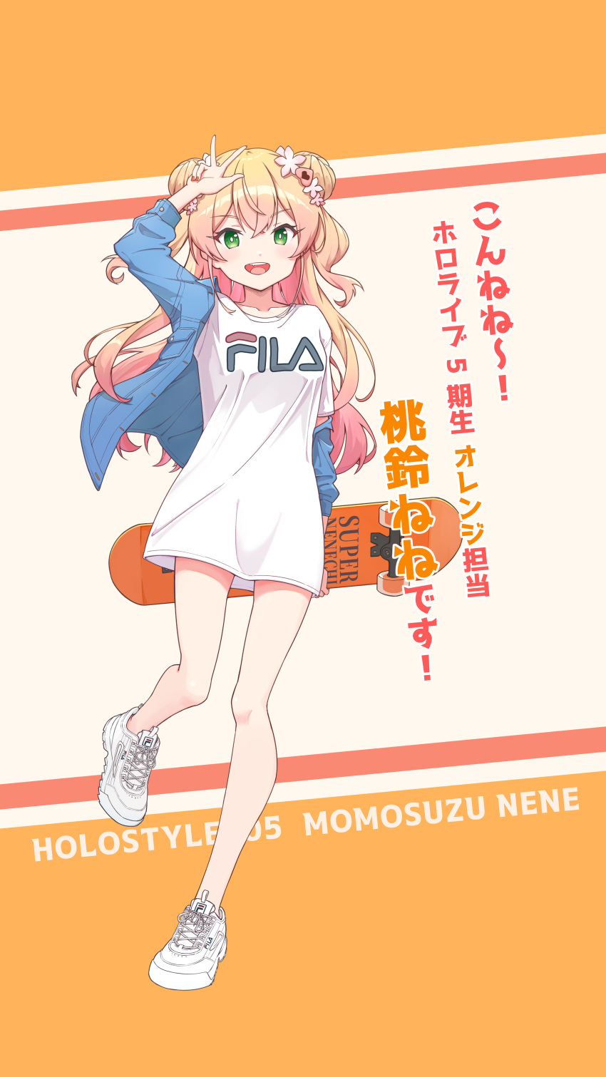 1girl absurdres alternate_costume bangs blonde_hair blue_jacket double_bun fang fila flower gradient_hair green_eyes hair_flower hair_ornament highres holding_skateboard hololive jacket long_hair looking_at_viewer momosuzu_nene multicolored_hair nail_polish no_pants open_mouth pink_hair quarterlift red_neckwear shirt shoes skateboard skateboard_behind_back smile sneakers solo t-shirt translation_request two_side_up upper_teeth v-shaped_eyebrows virtual_youtuber w white_footwear white_shirt