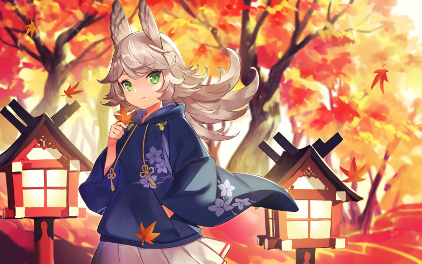 1girl animal_ears architecture autumn autumn_leaves azur_lane blue_hoodie casual east_asian_architecture floral_print green_eyes holding holding_leaf hood hoodie kitakaze_(azur_lane) leaf light_brown_hair looking_at_viewer miniskirt outdoors pleated_skirt skirt solo white_skirt wide_sleeves yoshimo_(yoshimo1516)